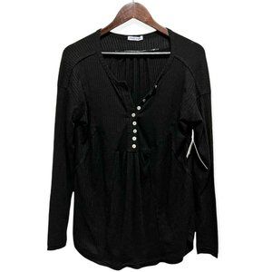 Sweet Romeo Women's Size M Henley Neck Long Sleeve Ribbed Uneven Top Tunic Black